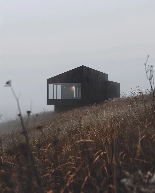 Modernist Architecture in Mist, minimal, photographic, muted