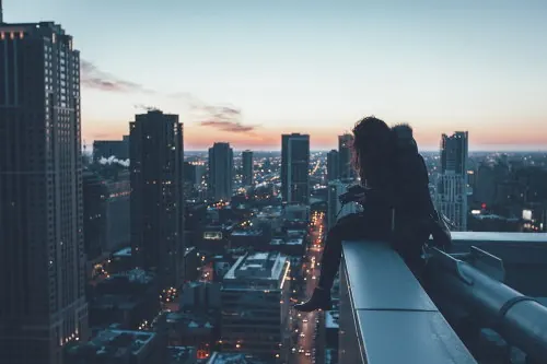 Cityscape View from a Balcony, photographic, dark