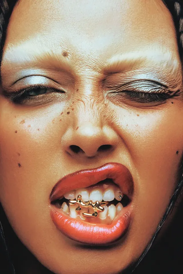 Close-up Portrait of a Woman with Facial Piercings, photographic, maximalist, warm