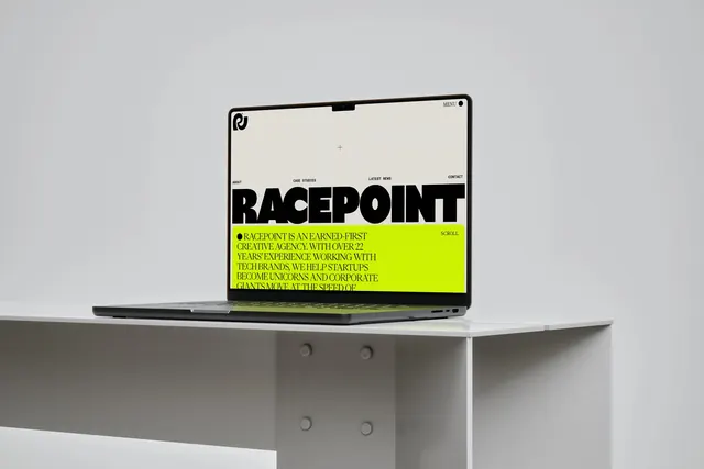Creative agency laptop hero with lime highlight bar, editorial, minimal, light