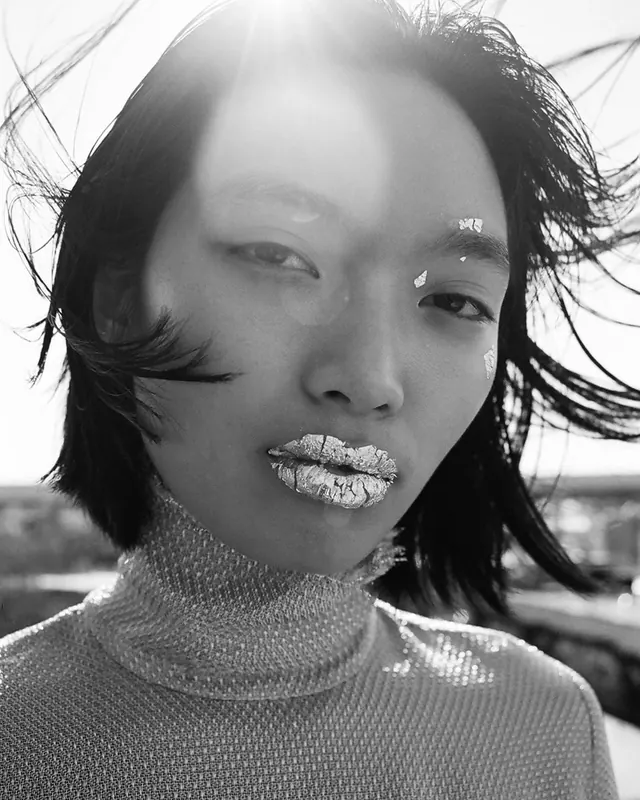 Close-up Portrait with Glitter Lips, photographic, maximalist, high-contrast