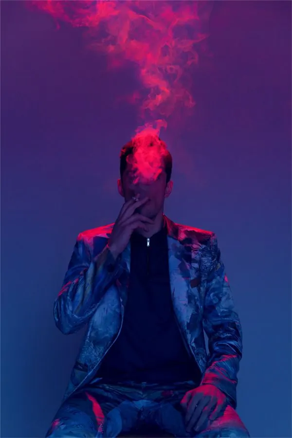 Surreal Portrait with Red Smoke, abstract, photographic, high-contrast