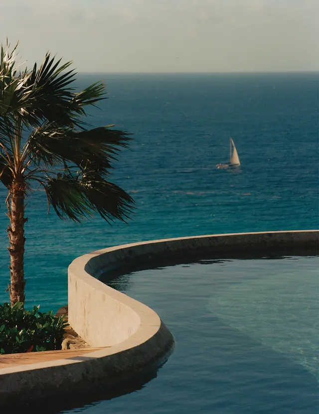 Tropical Poolside View, minimal, photographic, light