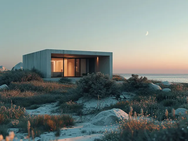 Modernist Coastal Pavilion, minimal, geometric, muted
