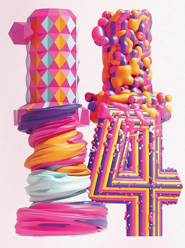 Abstract Geometric Typography and Shapes, maximalist, 3d-render, vibrant