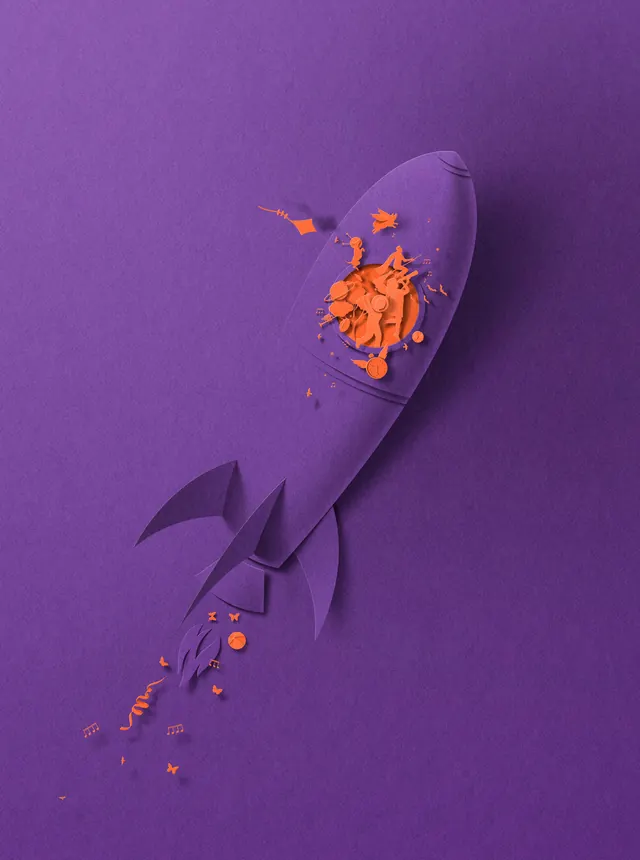 Abstract Rocket Illustration, 3d-render, playful, vibrant