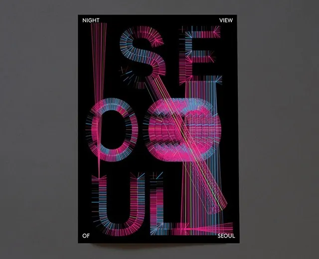 Generative line-art city poster with vibrating letterforms, experimental, geometric, dark