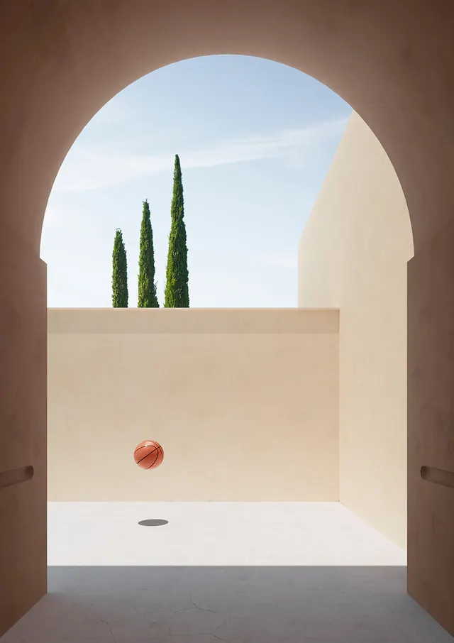 Minimalist Architectural Interior with Cypress Trees, minimal, geometric, light