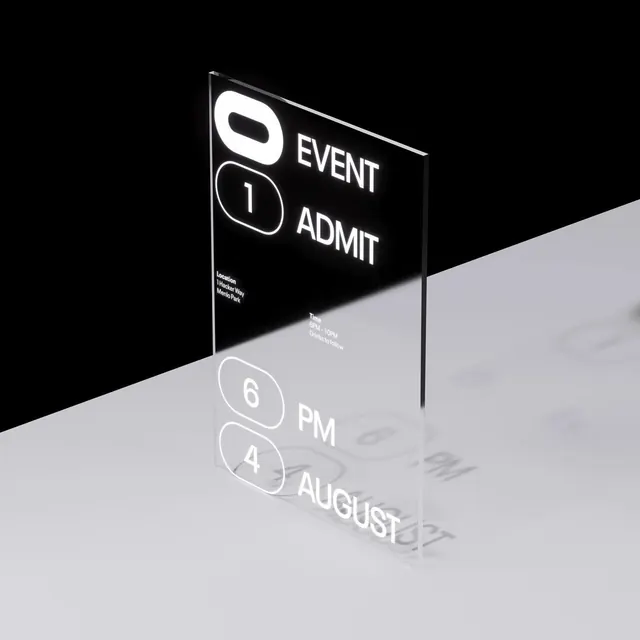 Event Admission Ticket Mockup, minimal, glassmorphism, monochrome