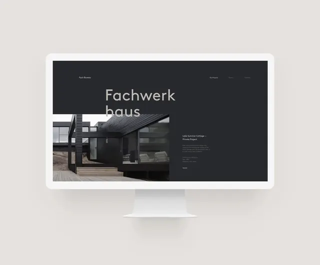 Fachwerkhaus Website Mockup, minimal, swiss, dark
