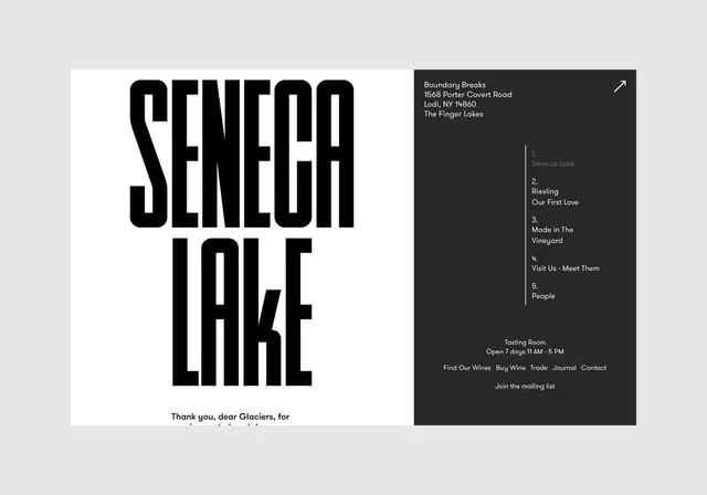 Seneca Lake Typography Layout, minimal, swiss, monochrome