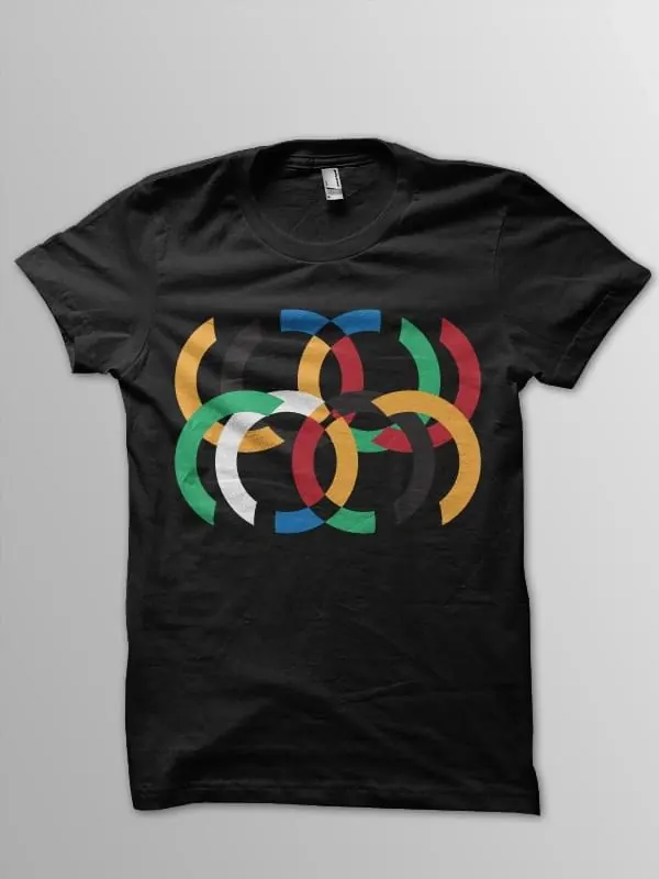 Olympic Rings Graphic T-Shirt Mockup, flat, geometric, dark
