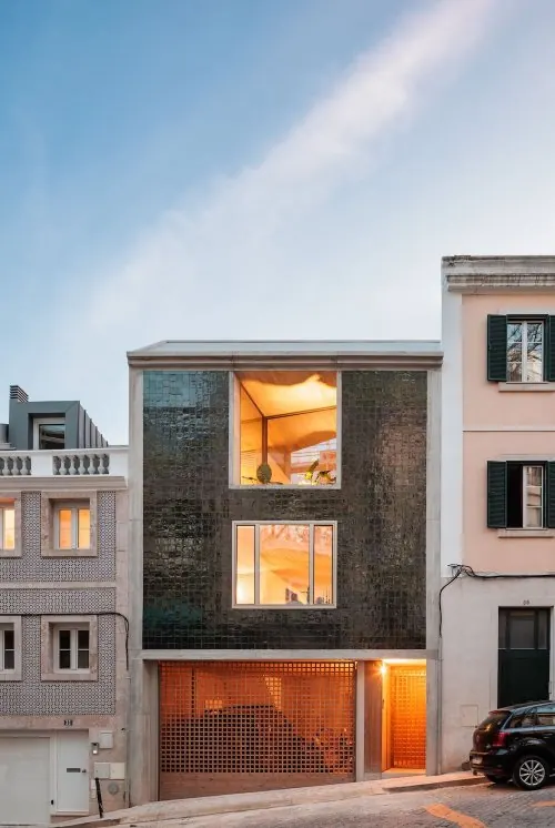 Modernist Architecture with Perforated Facade, minimal, geometric, dark