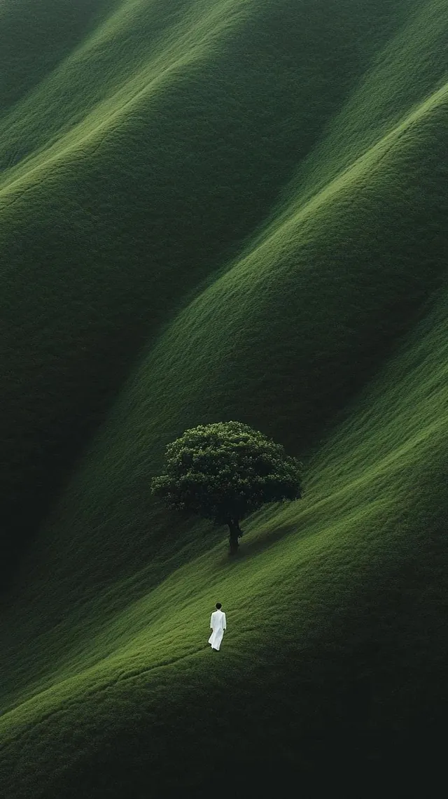 Solitary Tree and Figure in Rolling Hills, minimal, organic, vibrant