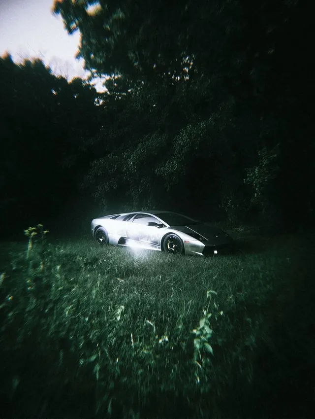 Car in Forest at Night, photographic, dark-mode, dark