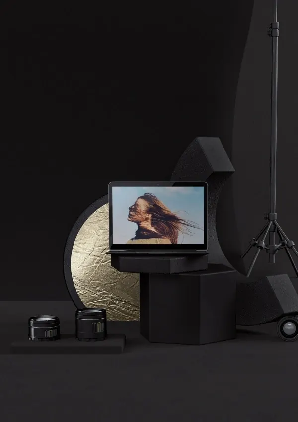 3D Monitor and Sphere Mockup, minimal, dark-mode, dark