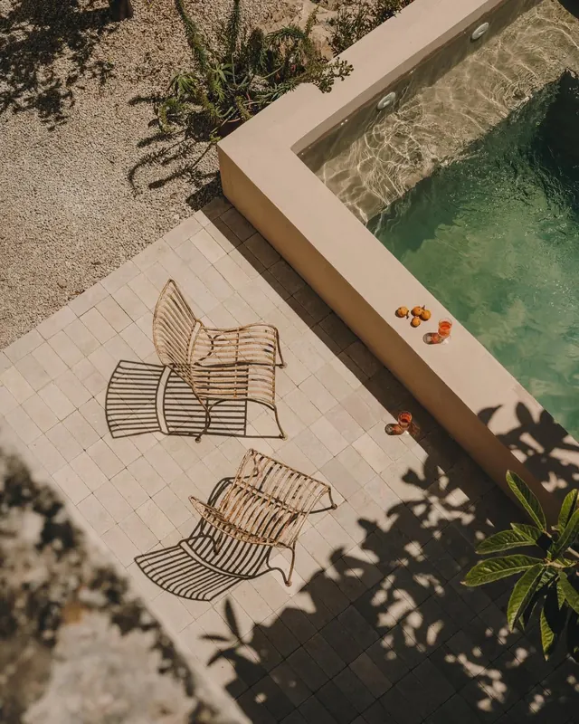 Outdoor Poolside Lounge Mockup, photographic, organic, warm