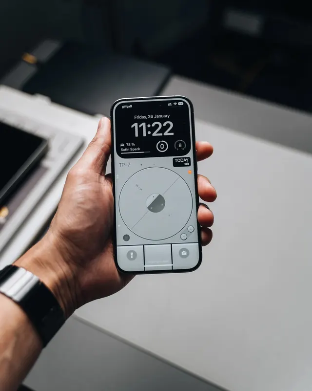 Smartphone UI Mockup, minimal, corporate-clean, monochrome