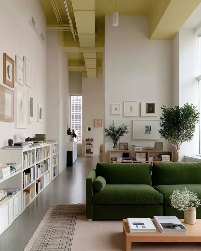 Modern Interior Design with Green Sofa, minimal, photographic, light