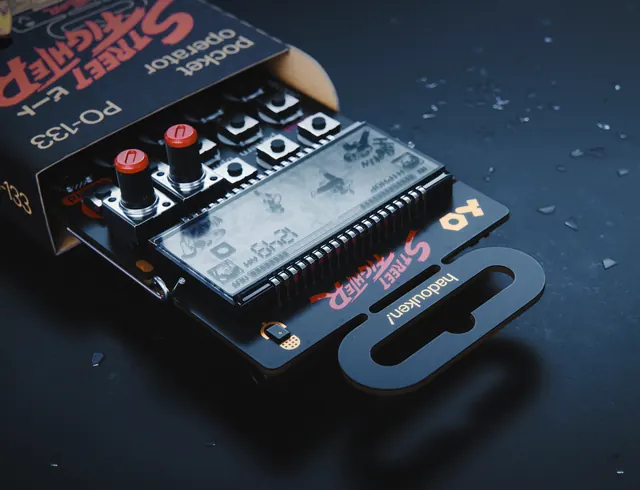 Fighting-game-themed pocket synth product photo, technical, dark-mode, dark