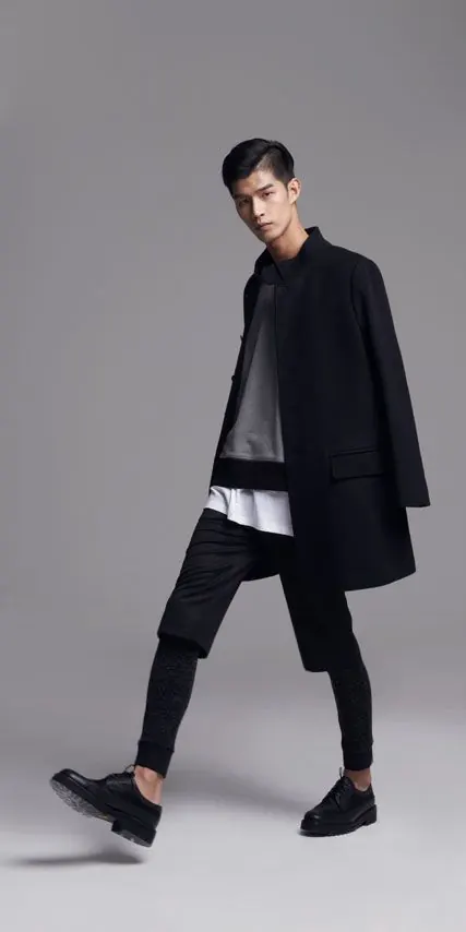 Male Model in Oversized Black Coat, minimal, photographic, monochrome