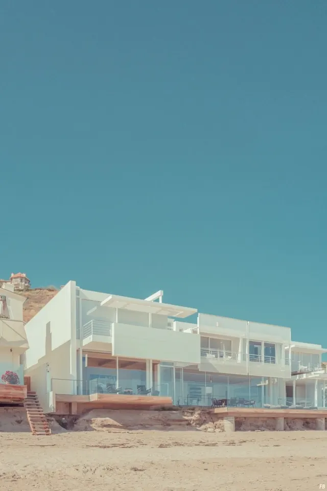 Beachfront House with Boat, minimal, photographic, light