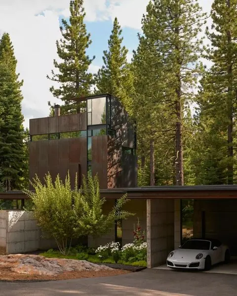 Modern Architecture with Wood and Glass, photographic, minimal, earthy