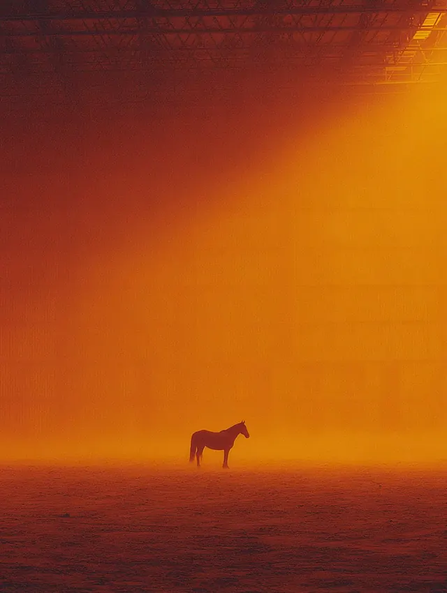Silhouette of a Horse in Orange Mist, minimal, photographic, warm