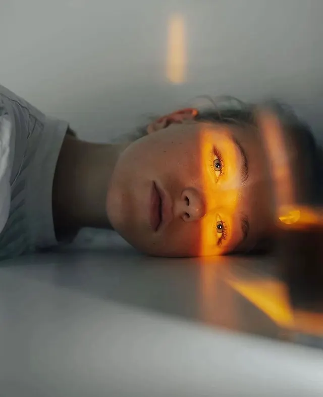 Surreal Portrait with Light Projections, photographic, abstract, warm