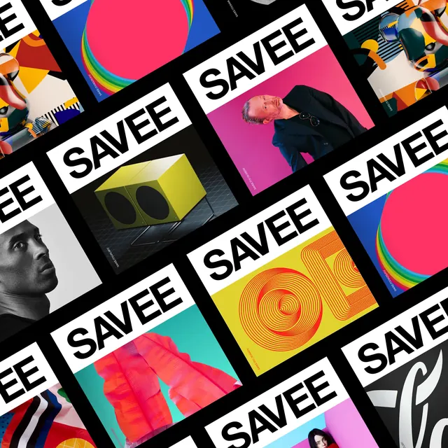 Diagonal tiled grid of brand wordmark cards and mixed imagery, maximalist, geometric, vibrant