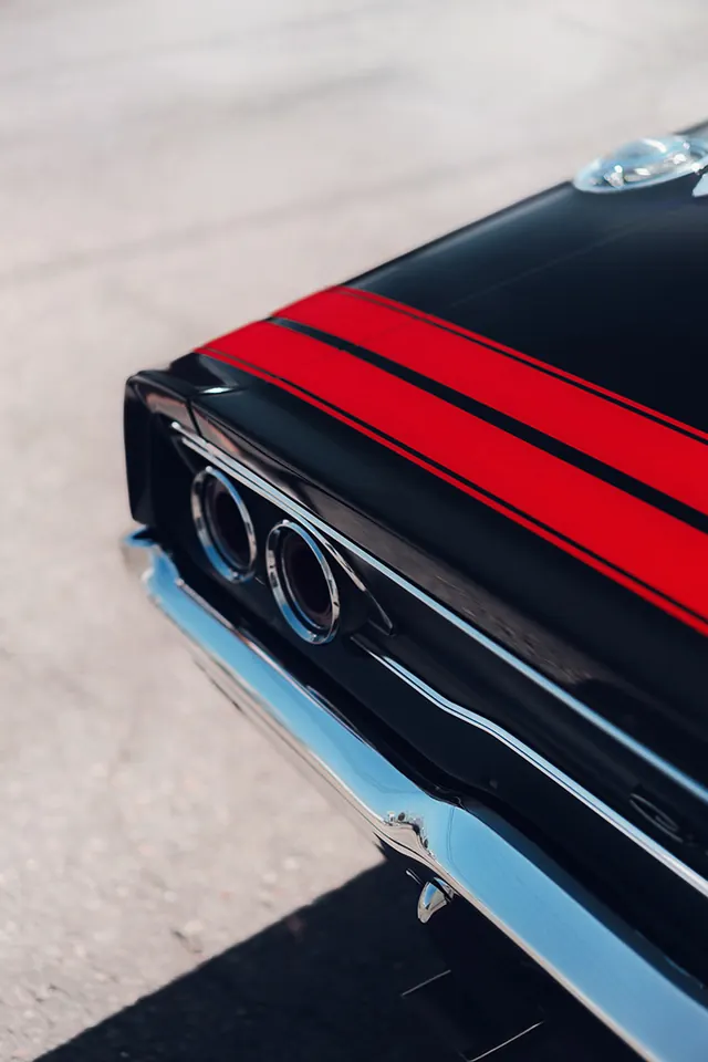 Classic Car Detail with Racing Stripes, photographic, retro, high-contrast