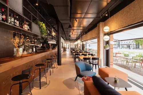 Modern Industrial Bar Interior, photographic, warm