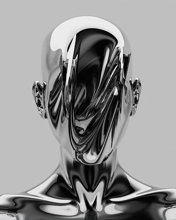 Liquid Chrome Humanoid Head, 3d-render, monochrome, monochrome