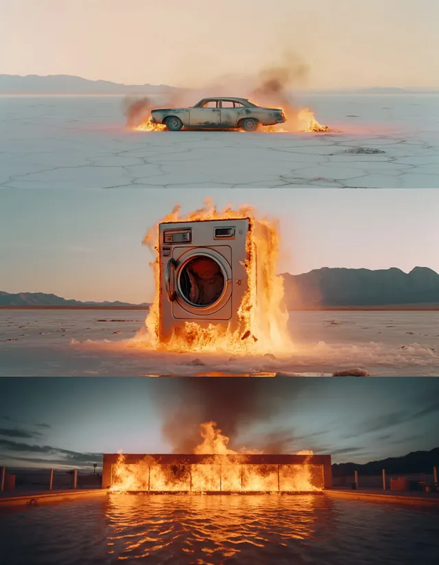 Explosive Vehicle and Hardware Visuals, photographic, maximalist, warm