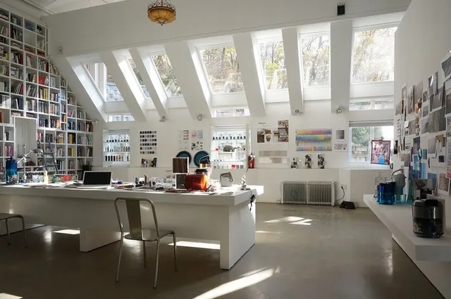 Modern Office Interior with Skylights, minimal, corporate-clean, light