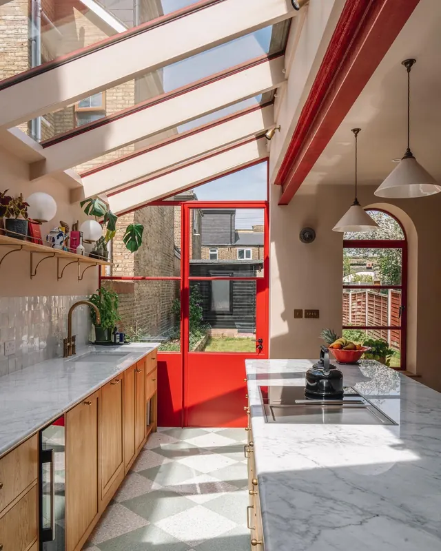 Modern Kitchen with Red Accents, photographic, minimal, vibrant