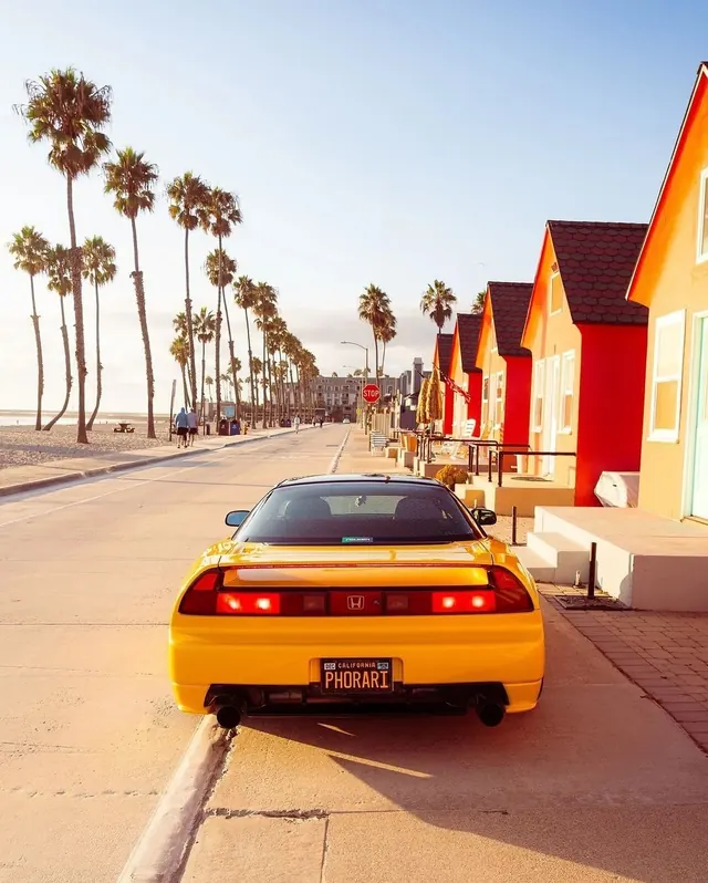 California Beach Scene with Yellow Car, photographic, vibrant