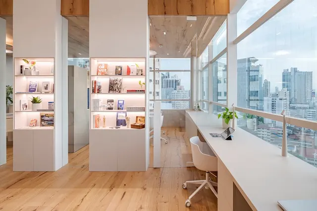 Modern Office Interior with City View, minimal, corporate-clean, light
