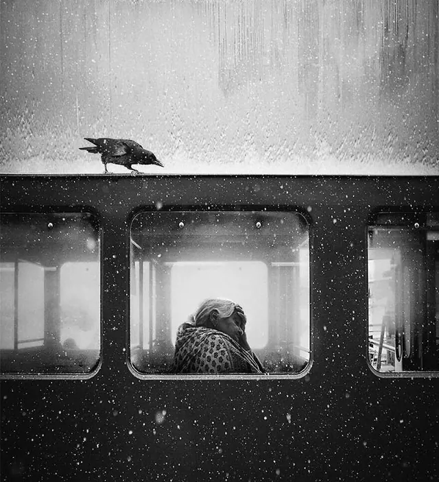 Snowy Train Window Scene, minimal, monochrome, monochrome