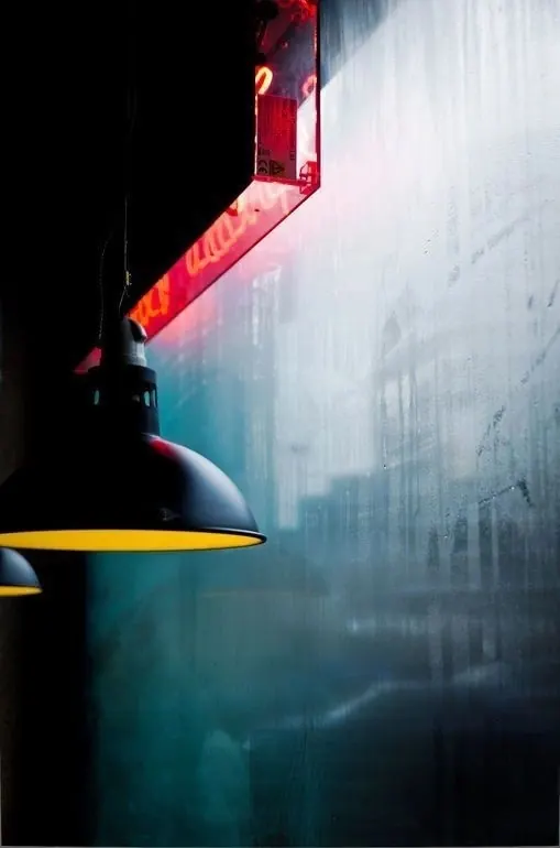 Industrial Interior with Neon Accents, dark-mode, photographic, dark