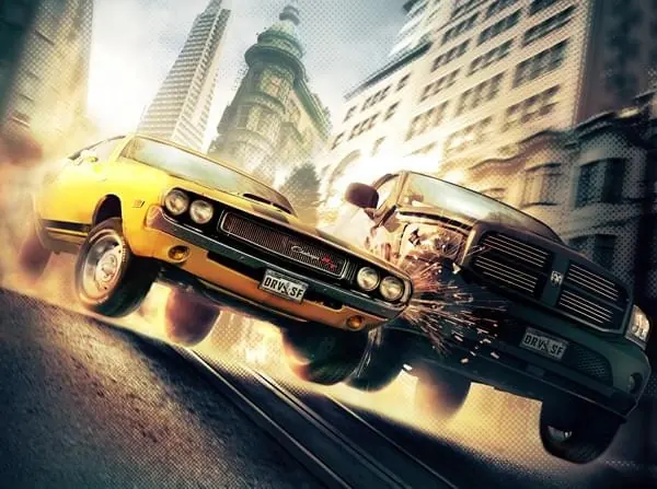 Vintage Car Collage in Urban Setting, retro, maximalist, vibrant