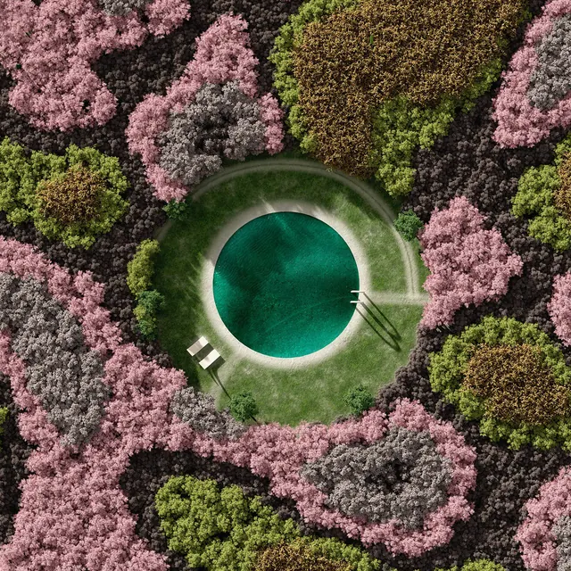 Aerial View of Circular Pool in Flower Garden, organic, photographic, vibrant