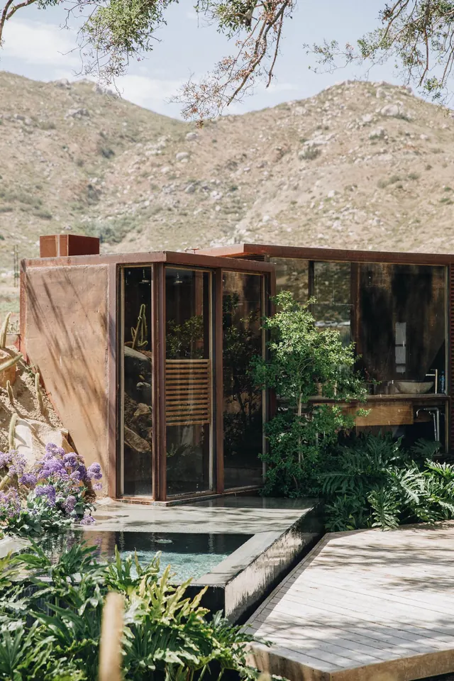 Outdoor Wooden Cabin with Hot Tub, photographic, organic, earthy
