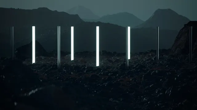 Abstract Glowing Pillars in Dark Landscape, minimal, dark-mode, dark