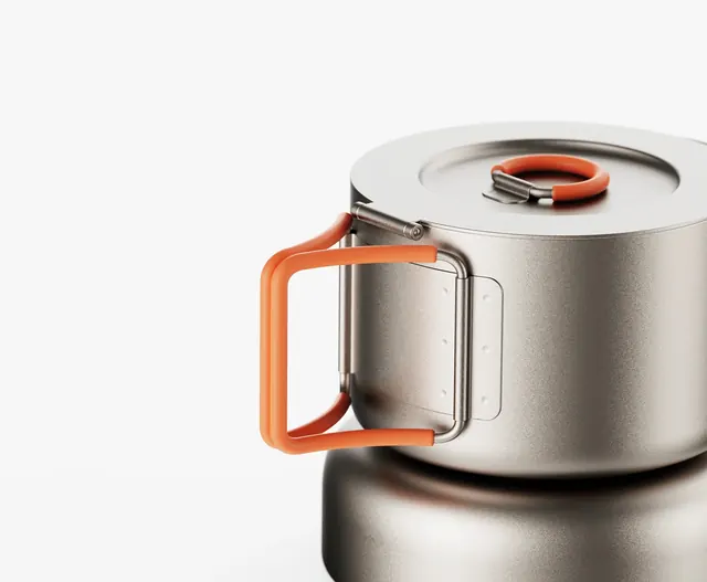 Stainless Steel Kettle with Orange Handle, minimal, photographic, muted