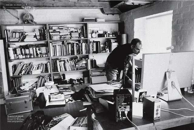 Workspace with Bookshelves and Laptop, photographic, organic, muted