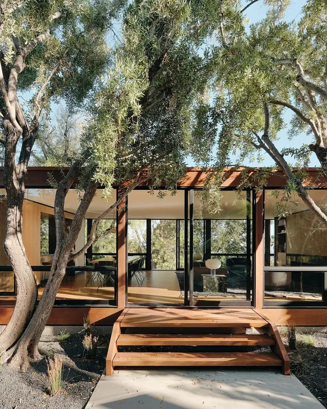 Modern Outdoor Pavilion with Wood Decking, organic, photographic, earthy
