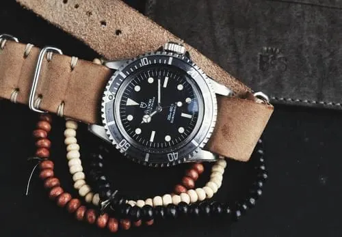 Luxury Watch with Beaded Bracelet Mockup, luxury, photographic, dark