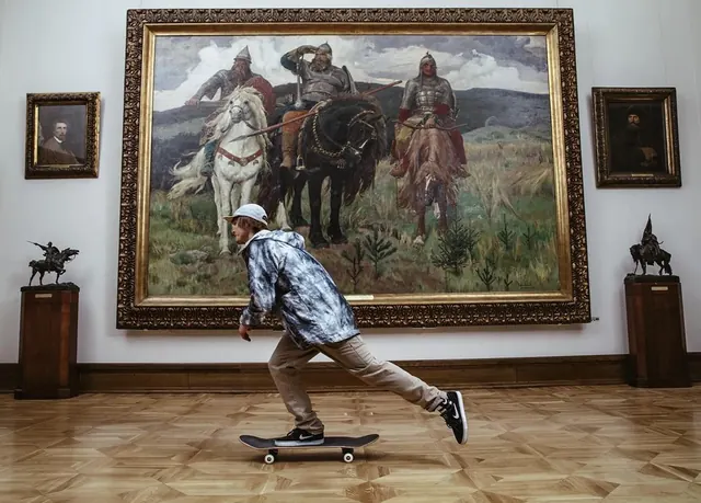 Interior Mockup of Art Gallery with Painting and Skateboard, photographic, organic, warm
