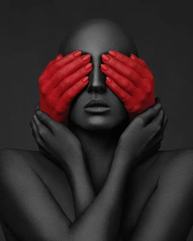 Monochrome Portrait with Red Hand Overlay, minimal, monochrome, monochrome